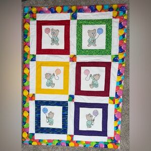 Handmade 6 panel baby quilt cross-stitch bears balloons 47X32.5 nursery